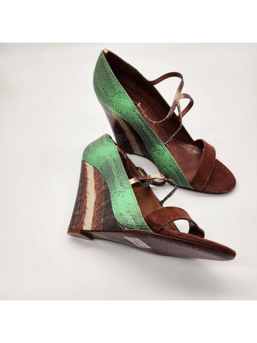Wedge Schutz green and brown strappy snakeprint textured heels  41 10 - Picture 6 of 9